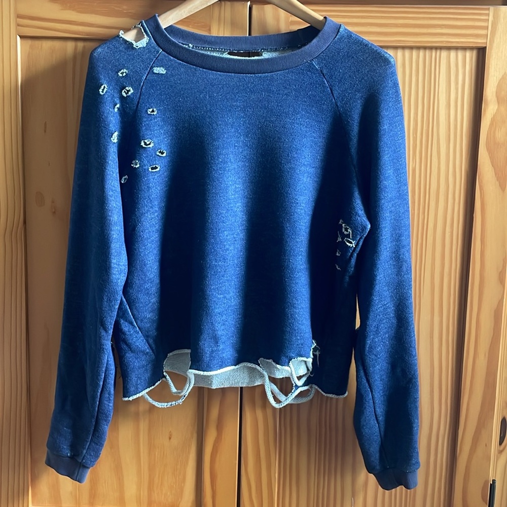 NSF / navy blue destroyed Distressed French Terry Crewneck Cropped Sweatshirt S